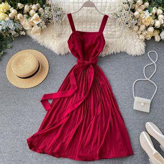 Tie Waist Spaghetti Strap Midi A-line Dress