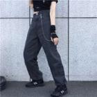 Drawstring Cuff Side Pocket Straight-cut Jeans