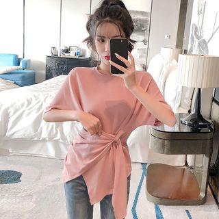 Elbow-sleeve Asymmetric Front Knot T-shirt