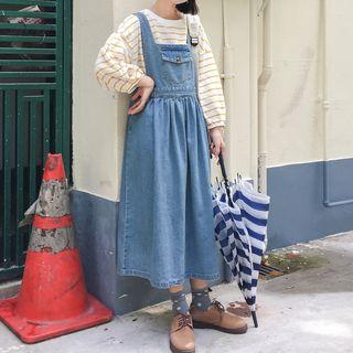 Wide-strap Midi Denim Pinafore Dress Blue - One Size
