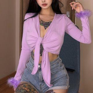 Long-sleeve Fluffy Trim Tied Crop Top