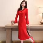Long-sleeve Bell-cuff Slit-front Midi A-line Dress
