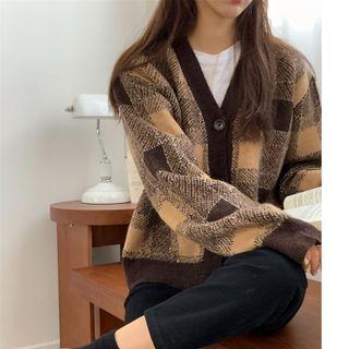 V-neck Check Loose-fit Cardigan Coffee - One Size