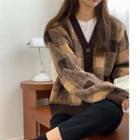 V-neck Check Loose-fit Cardigan Coffee - One Size