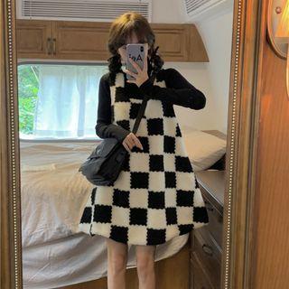 Check Fleece Mini A-line Overall Dress Check - Black & White - One Size