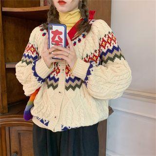 Flower Print Cable-knit Cardigan As Shown In Figure - One Size