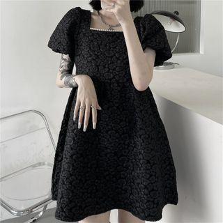 Set: Puff-sleeve Floral Print A-line Dress + Bucket Hat