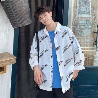 Printed Letter Button-up Oversize Shirt