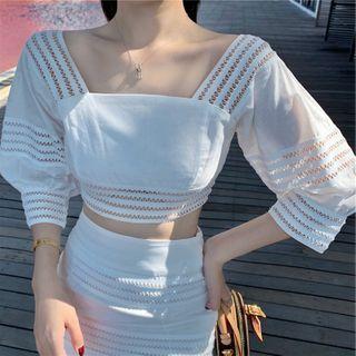 Set: Square Neck 3/4-sleeve Top + Midi Skirt