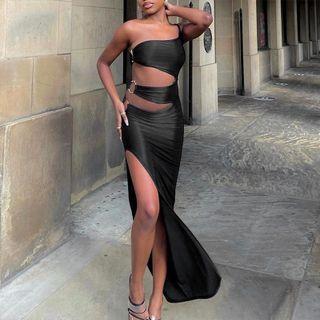 Strappy One-shoulder Metal-accent Cutout Slit Bodycon Dress