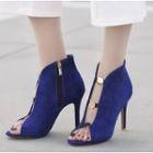 Faux Suede Peep Toe Disc Detail High Heel Ankle Boots