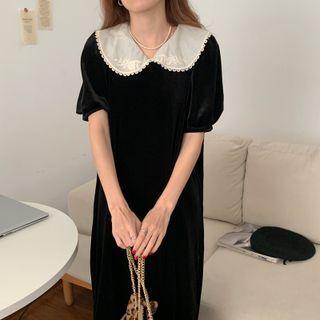 Puff-sleeve Collared Velvet Dress