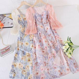 Bell-sleeve Flower Print Midi A-line Dress