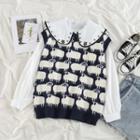 Embroidered Long-sleeve Blouse / Sheep Print Knit Vest