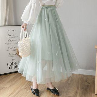 Feather Applique Maxi A-line Mesh Skirt