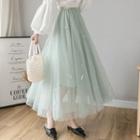 Feather Applique Maxi A-line Mesh Skirt