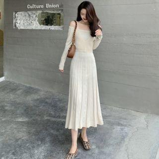Long-sleeve V-neck Knit Midi Dress / Spaghetti Strap Knit Top
