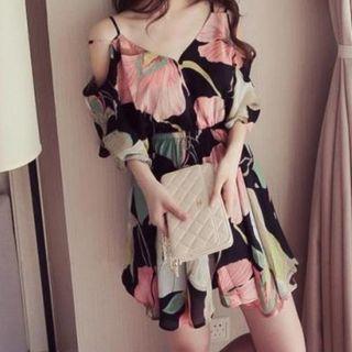 Flower Print Cold-shoulder Mini A-line Dress
