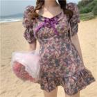 Short-sleeve Floral Print Mini A-line Dress Dress - One Size