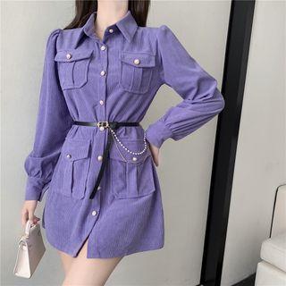 Corduroy Puff-sleeve Mini Shirtdress