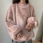 Letter Embroidered Furry Pullover