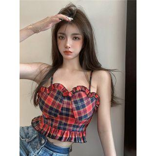 Plaid Frill Trim Camisole Top Plaid - Black & Red - One Size
