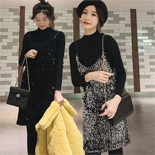 Set: Sequined Pinafore Dress + Mock-neck Knit Top