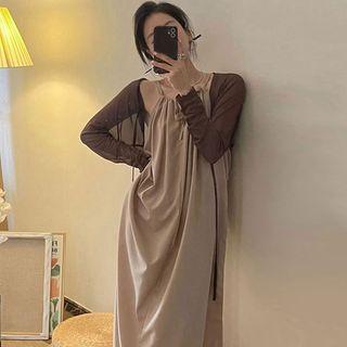 Spaghetti Strap Midi Shift Dress / Sheer Bolero Jacket