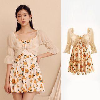 Elbow-sleeve Floral Swim Dress
