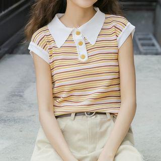 Striped Cap-sleeve Knit Polo Shirt