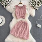 Set: Plaid Crop Tank Top + A-line Mini Skirt Pink - One Size