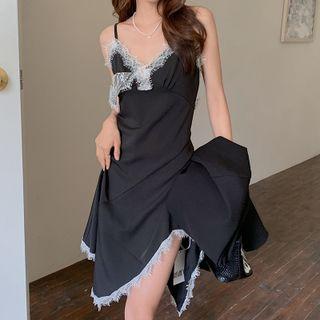 Spaghetti Strap Lace Trim Midi Dress Black - One Size
