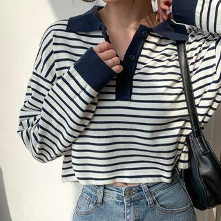Cropped Stripe Knit Polo Shirt