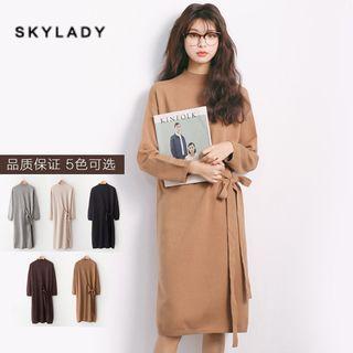 Mock-neck Side-tie Long-sleeve Knit Dress