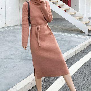 Turtleneck Tie-waist Midi Knit Dress