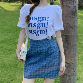 Set: Lettering T-shirt + Houndstooth Mini A-line Skirt