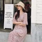 Ruffle-trim Floral Print Dress Light Beige - One Size