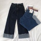 Frayed High-waist Roll-up Fleece Pants