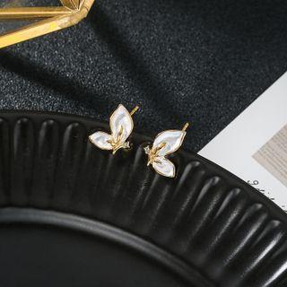 Sterling Silver Butterfly Stud Earring 1 Pair - S925 Silver - White & Gold - One Size