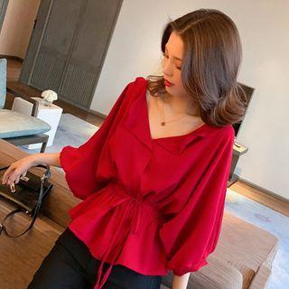 Plain Elbow-sleeve Drawstring-waist Blouse
