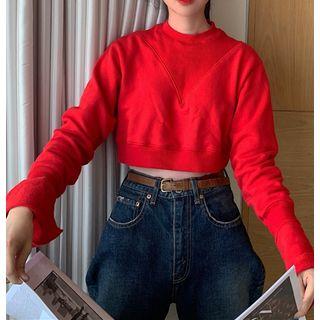 Long-sleeve Plain Cropped Top Red - One Size
