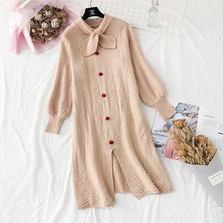 Tie-neck Balloon-sleeve Patterned Sweater Dress