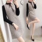Long-sleeve Knit Top / Patterned Mini Pinafore Dress / Set