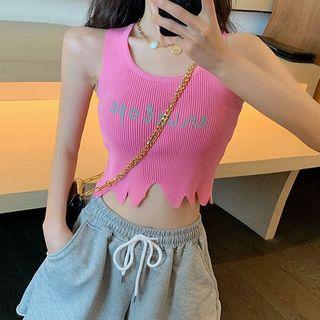 Sleeveless Letter Embroidered Asymmetric Knit Top