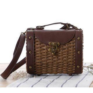Faux-leather Trim Woven Cross Bag