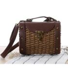 Faux-leather Trim Woven Cross Bag