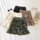 Faux-leather Shirred Ruffle Hem Mini Skirt