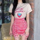 Elbow-sleeve Strawberry Print T-shirt / Gingham Mini Pencil Skirt