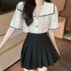 Short-sleeve Crochet Shirt / Pleated Mini Skirt