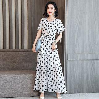 Set: Short-sleeve Polka Dot Ruffled Top + A-line Maxi Skirt